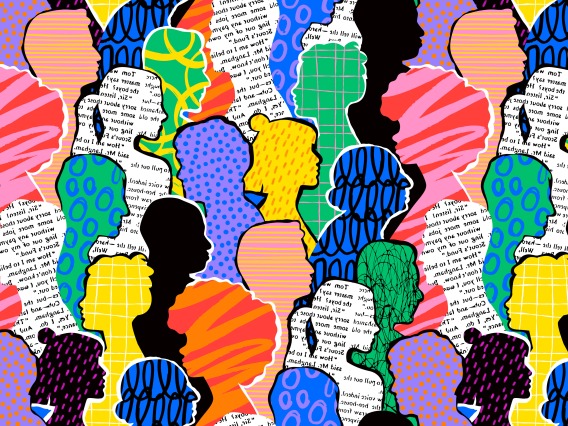 wallpaper with many human silhouettes made of different kinds of paper 
